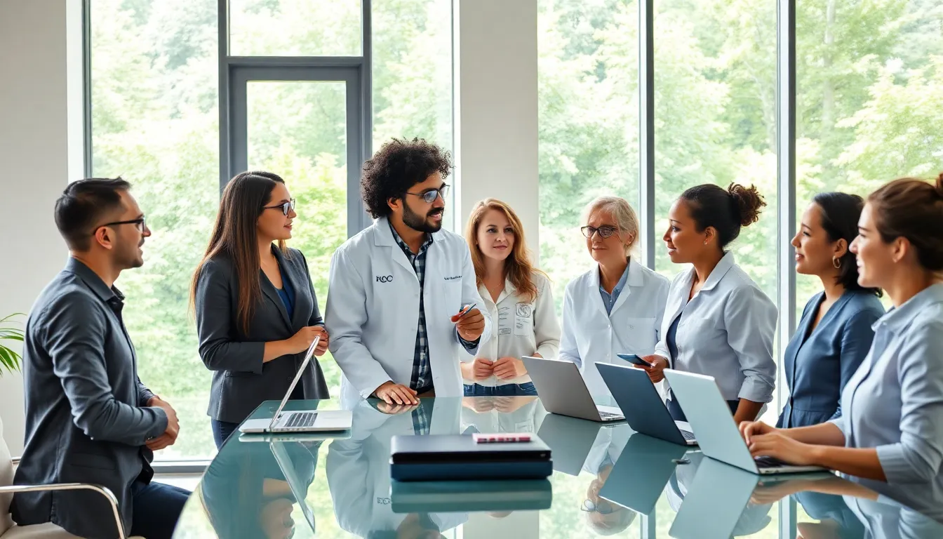 diverse professionals collaborating in a modern office setting.