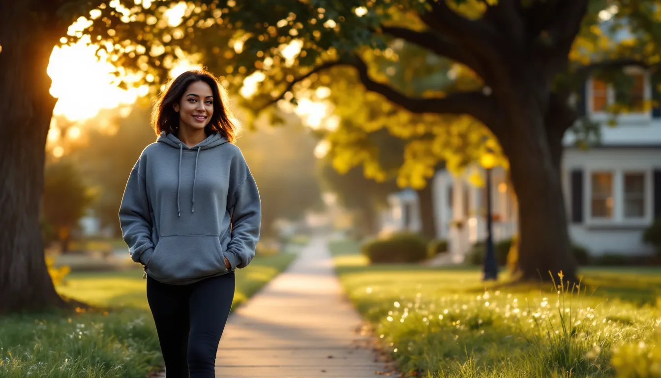 Woman walking peacefully through a quiet suburban neighborhood at sunrise.