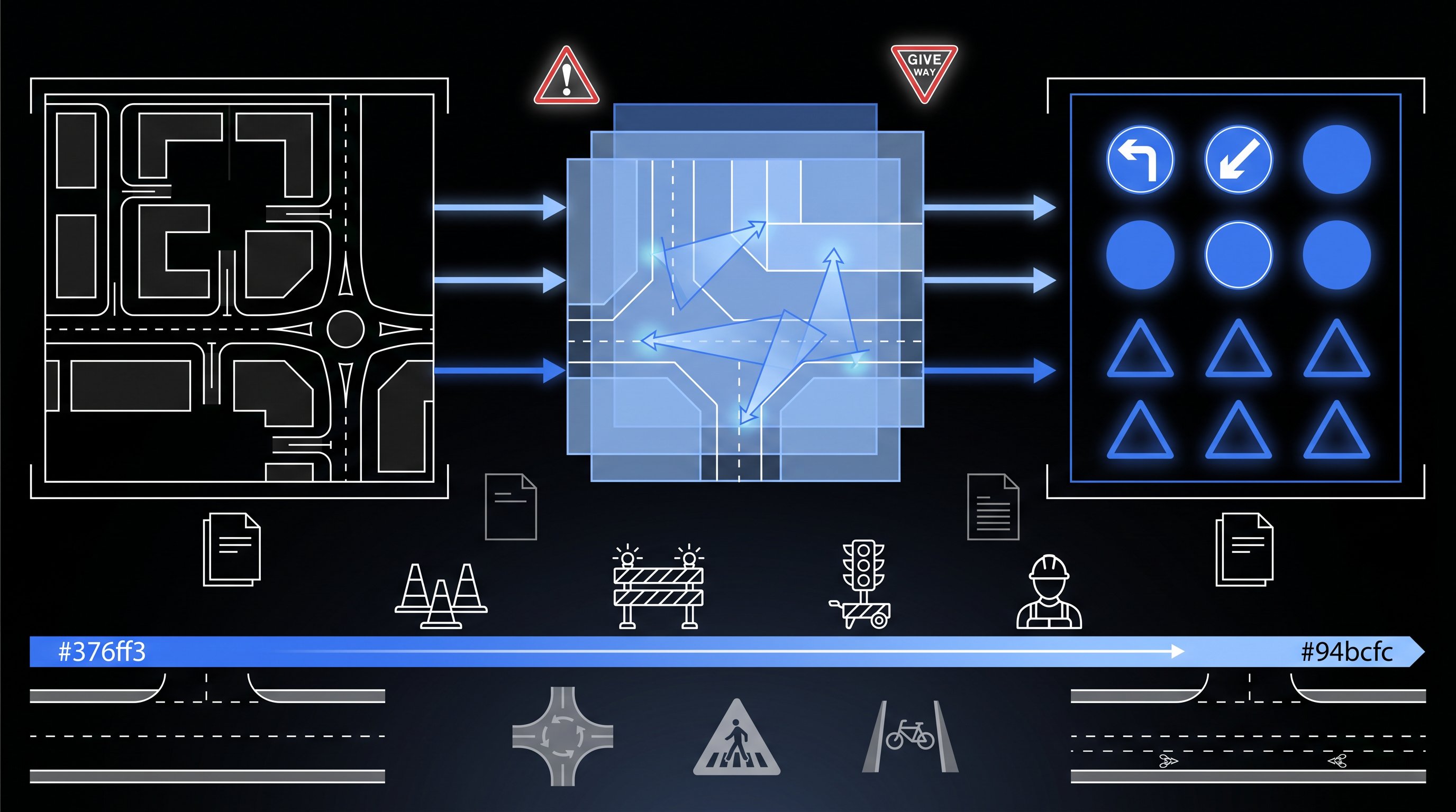 Process diagram showing traffic control sign planning stages from site design to compliance.