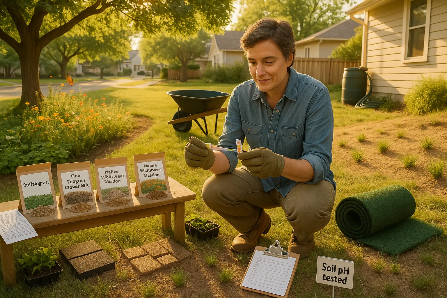 Homeowner testing soil with seed options and native plant samples in backyard.