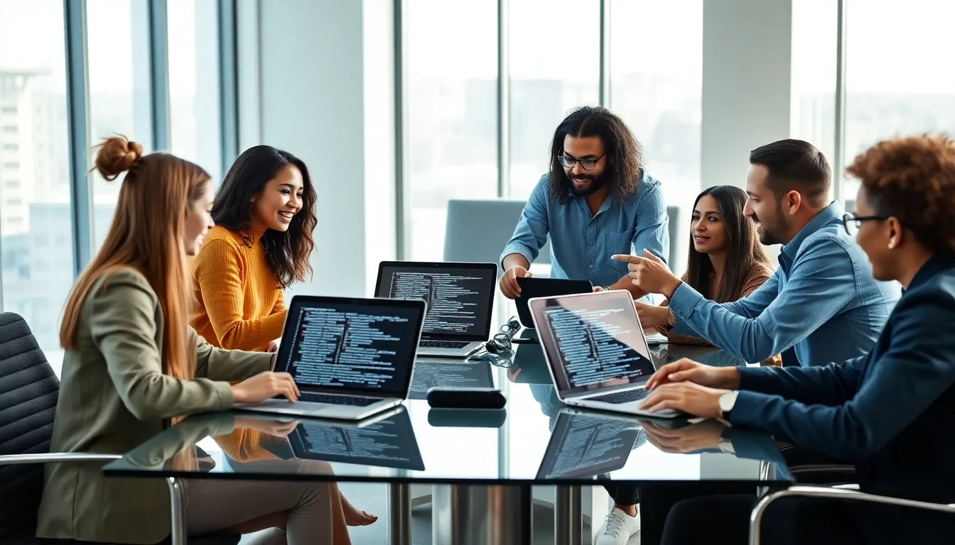 diverse team discussing Java code in a modern office setting.