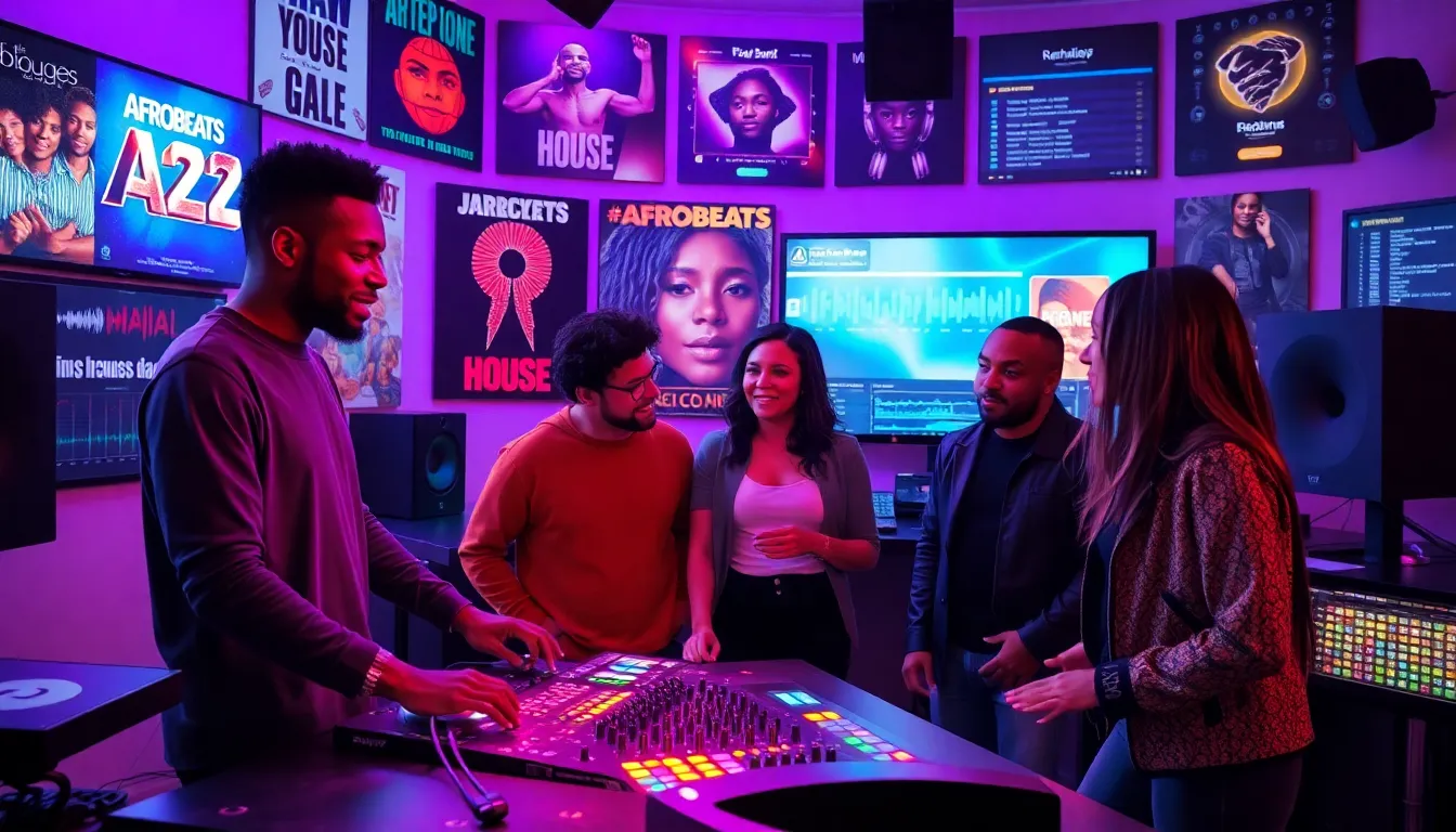 diverse music professionals collaborating in a modern studio setting.