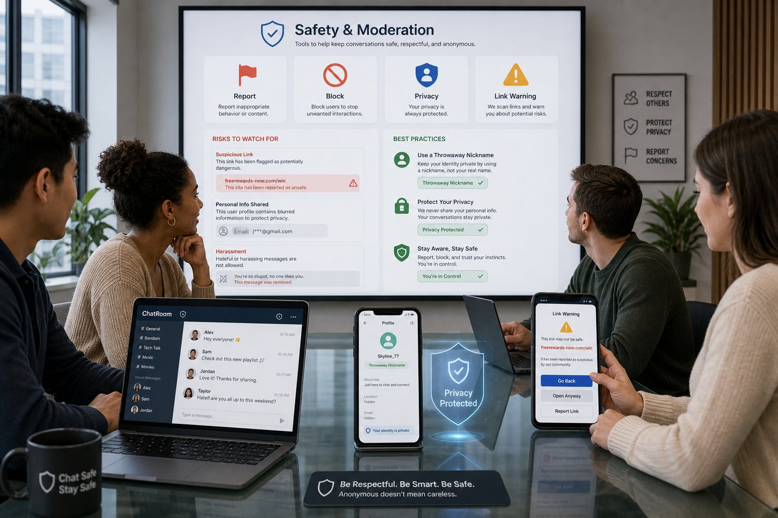 Professionals reviewing anonymous chat safety tools on a modern dashboard and laptops.
