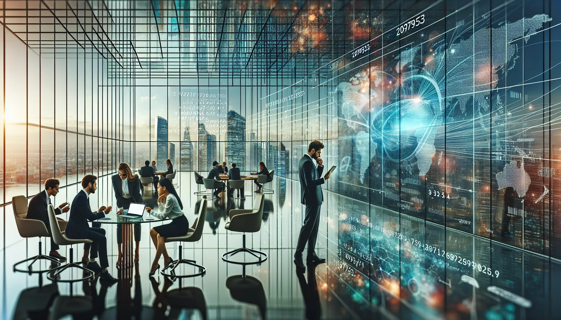 diverse professionals collaborating in a high-tech office space.