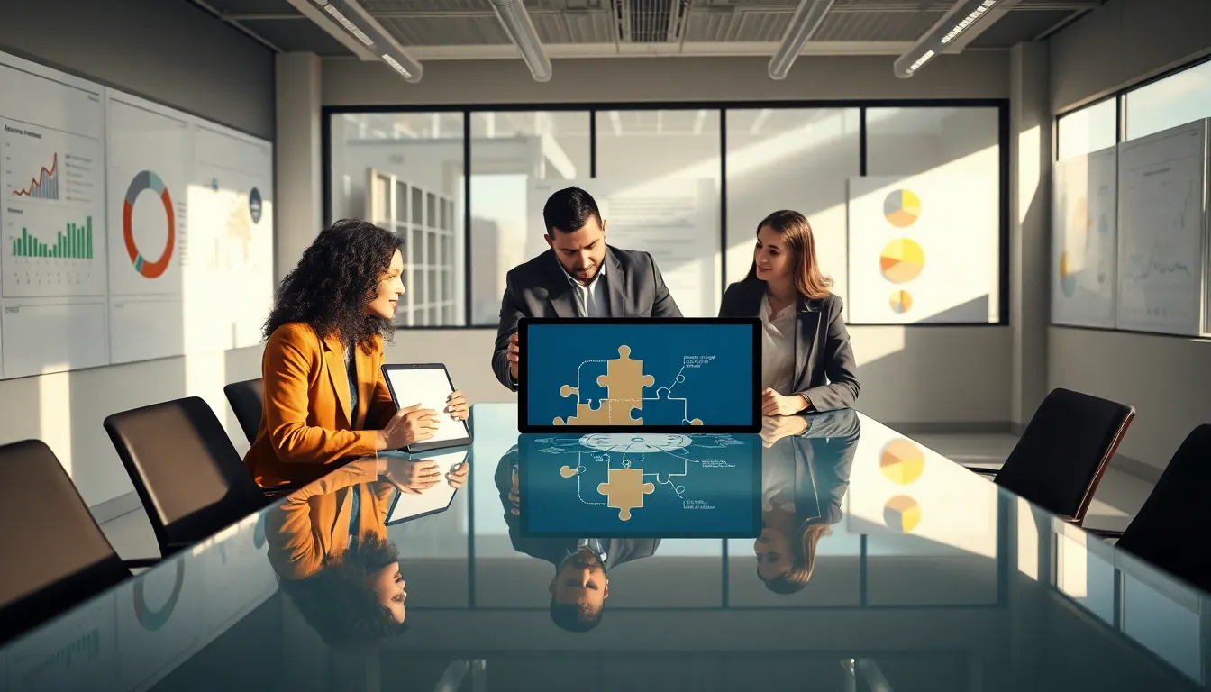 diverse team collaborating over a puzzle diagram in a modern office.