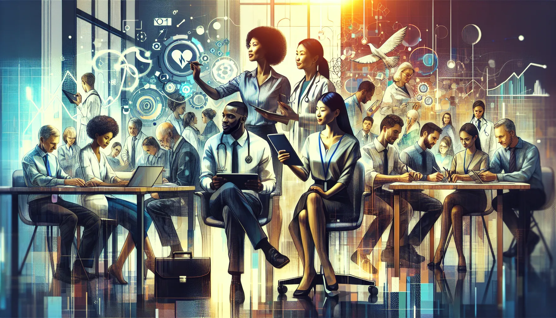 professionals collaborating in technology, healthcare, and education settings.