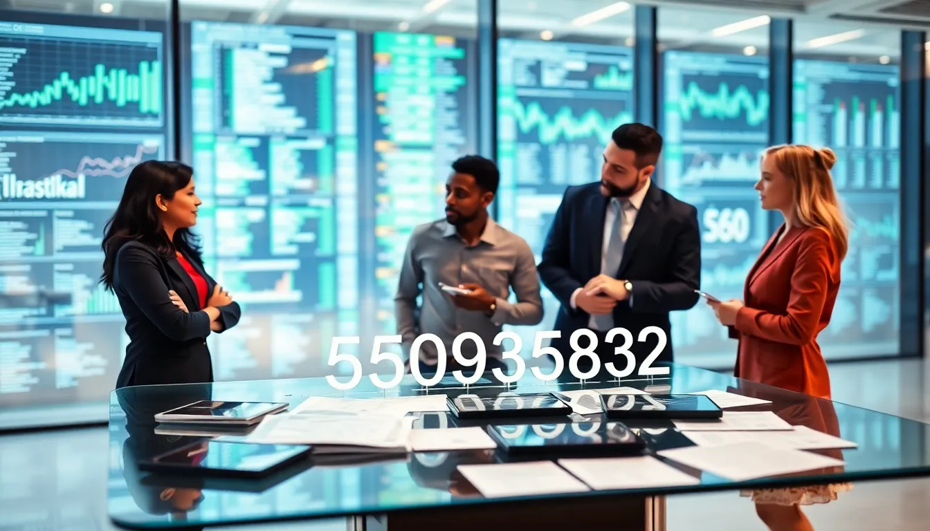 diverse professionals discussing numerical identifiers in a modern office.