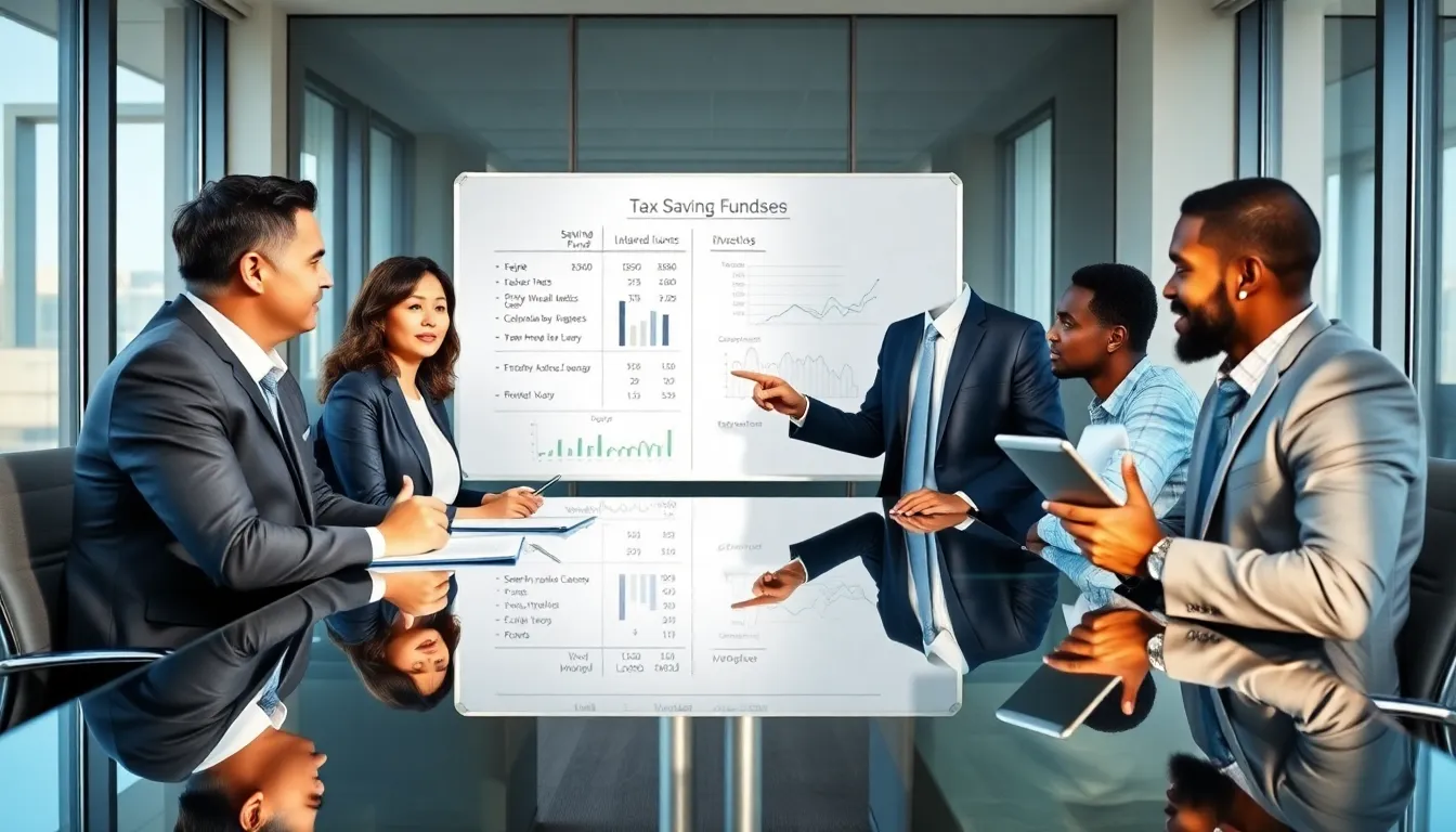 financial advisor discussing tax saving mutual funds with diverse investors.