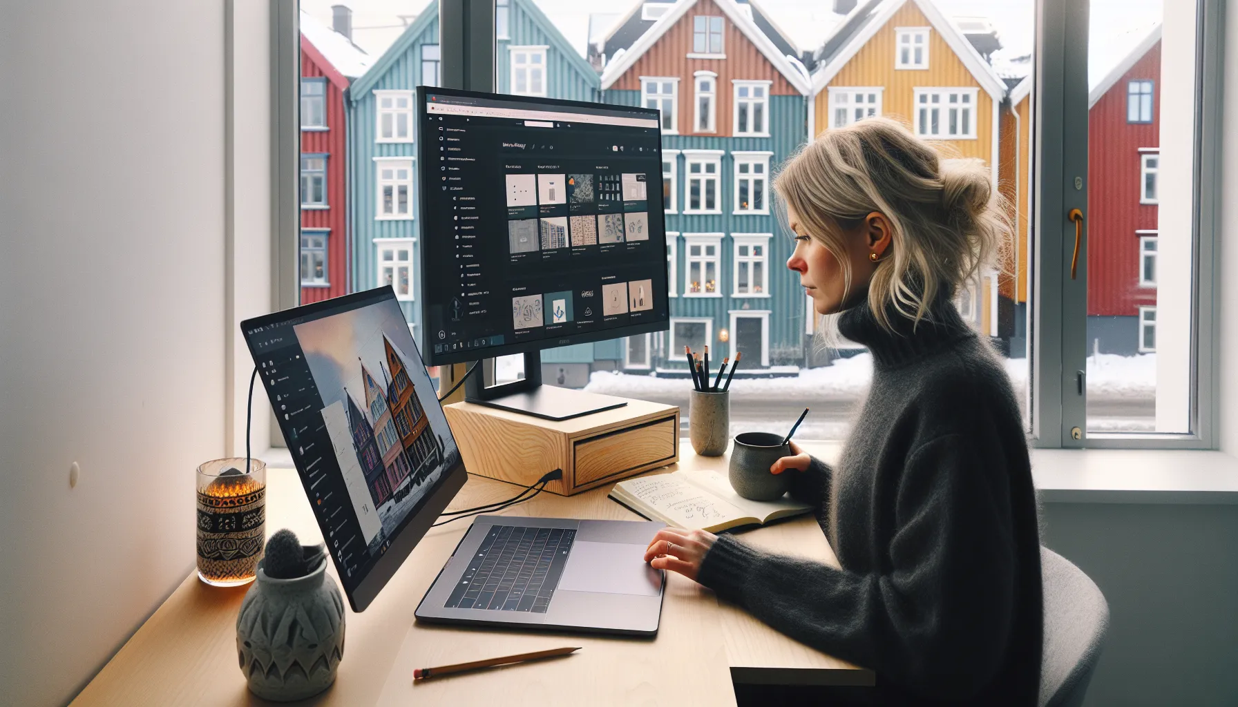 19 shopify vs woocommerce: hvilken e-handelsplattform er riktig for deg? 3 Norwegian entrepreneur compares shopify and woocommerce dashboards at a minimalist desk.