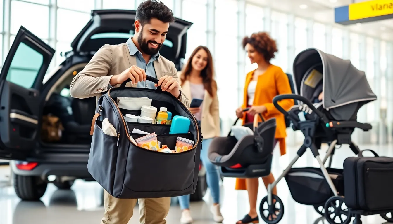 Family preparing baby travel gear in an airport setting.