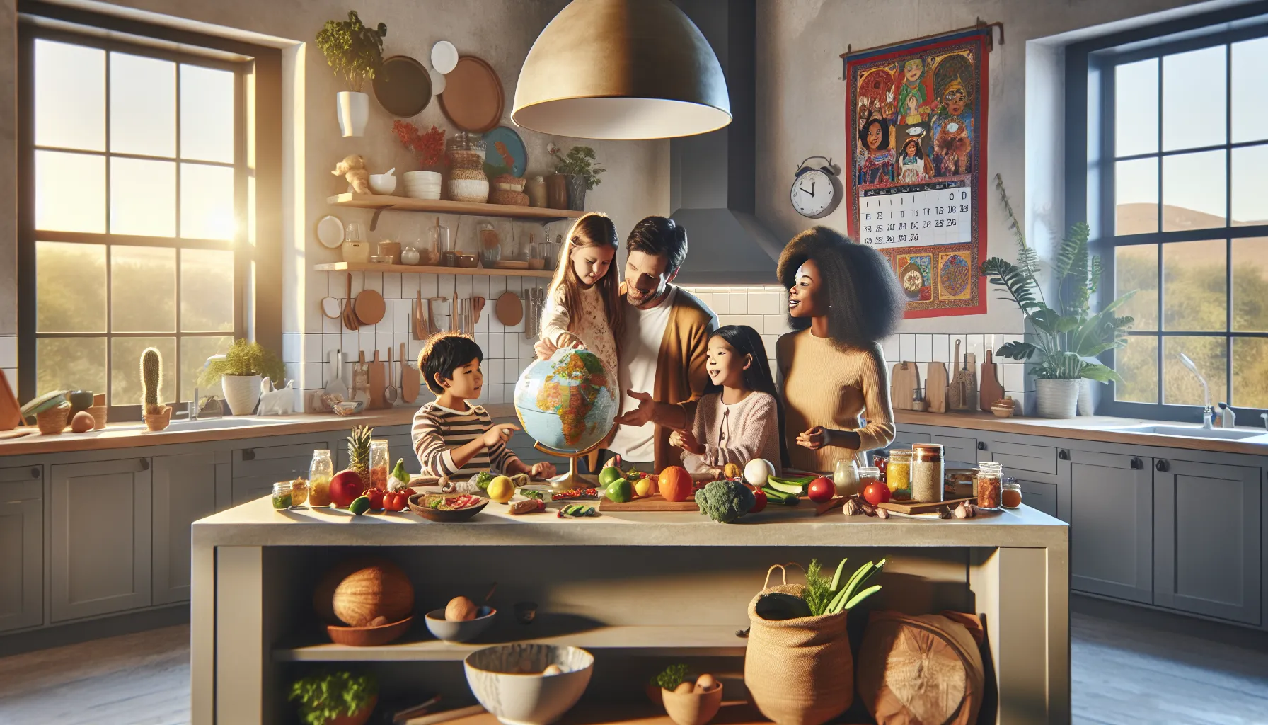 family cooking together and discussing cultural cuisines in a bright kitchen.