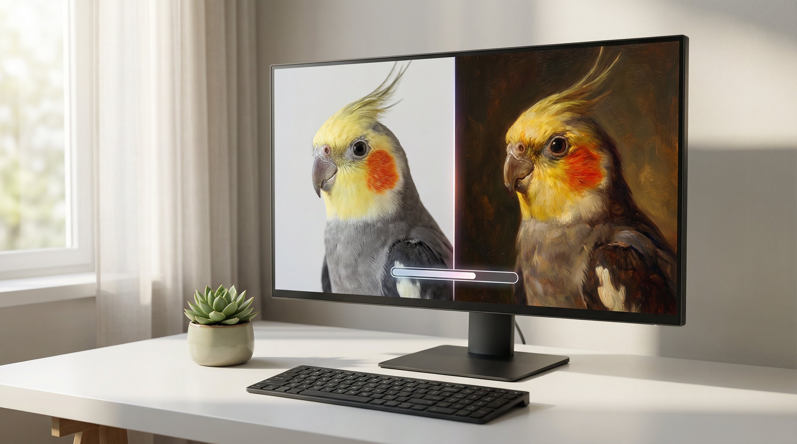 A cockatiel photo being transformed into an oil-painting portrait on a monitor screen.