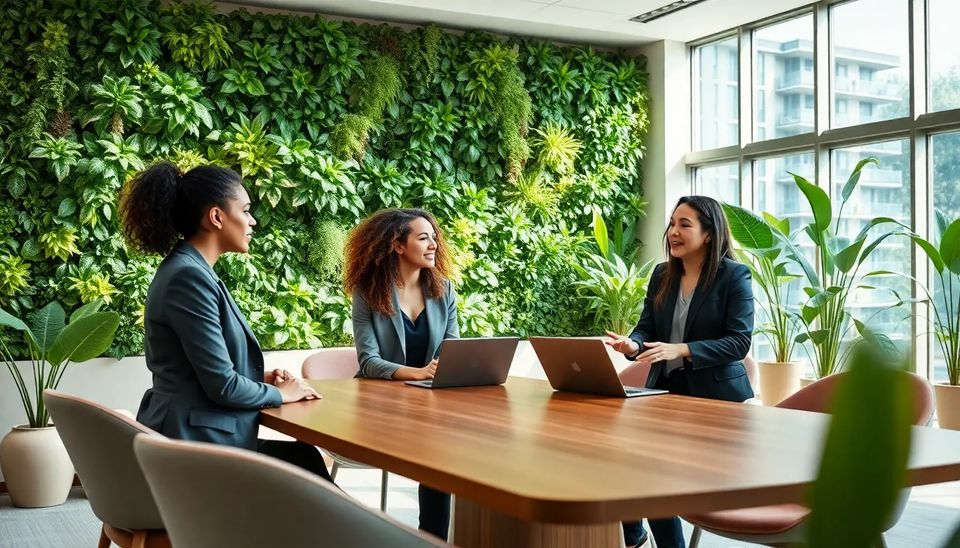 modern office with a living wall and professionals collaborating.