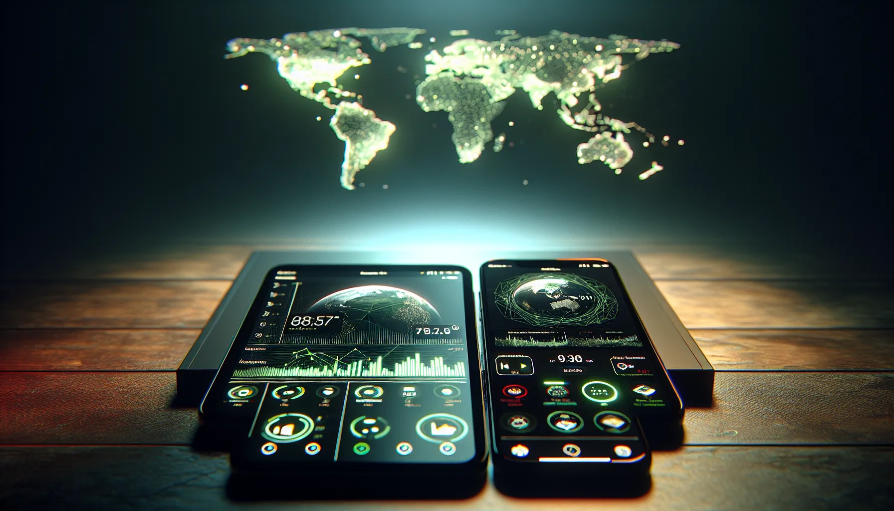 Two phones displaying the Spotify and Apple Music interfaces beside a world map backdrop.
