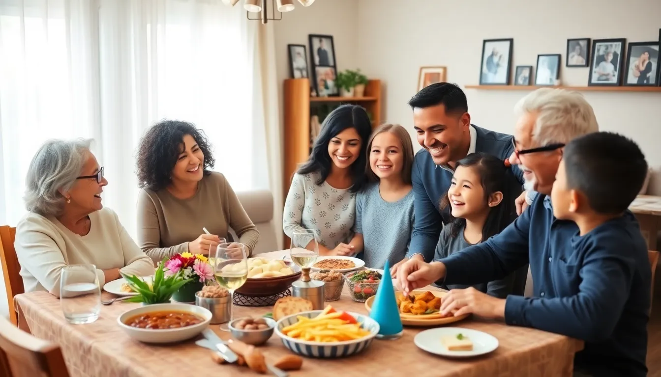 A diverse Hispanic family gathered around a table, celebrating together in a warm home.