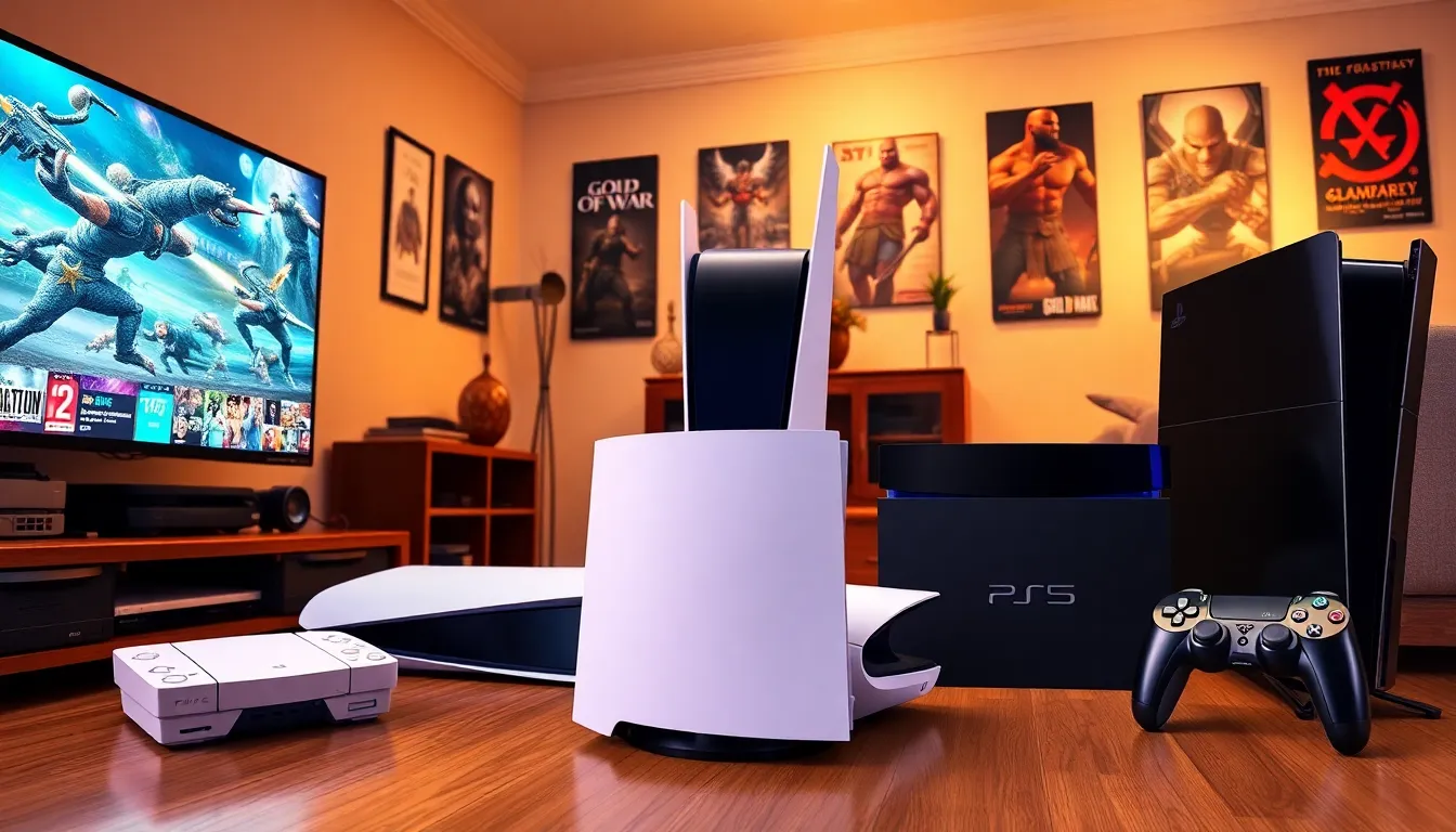 A collage showing the evolution of PlayStation consoles in a cozy living room.
