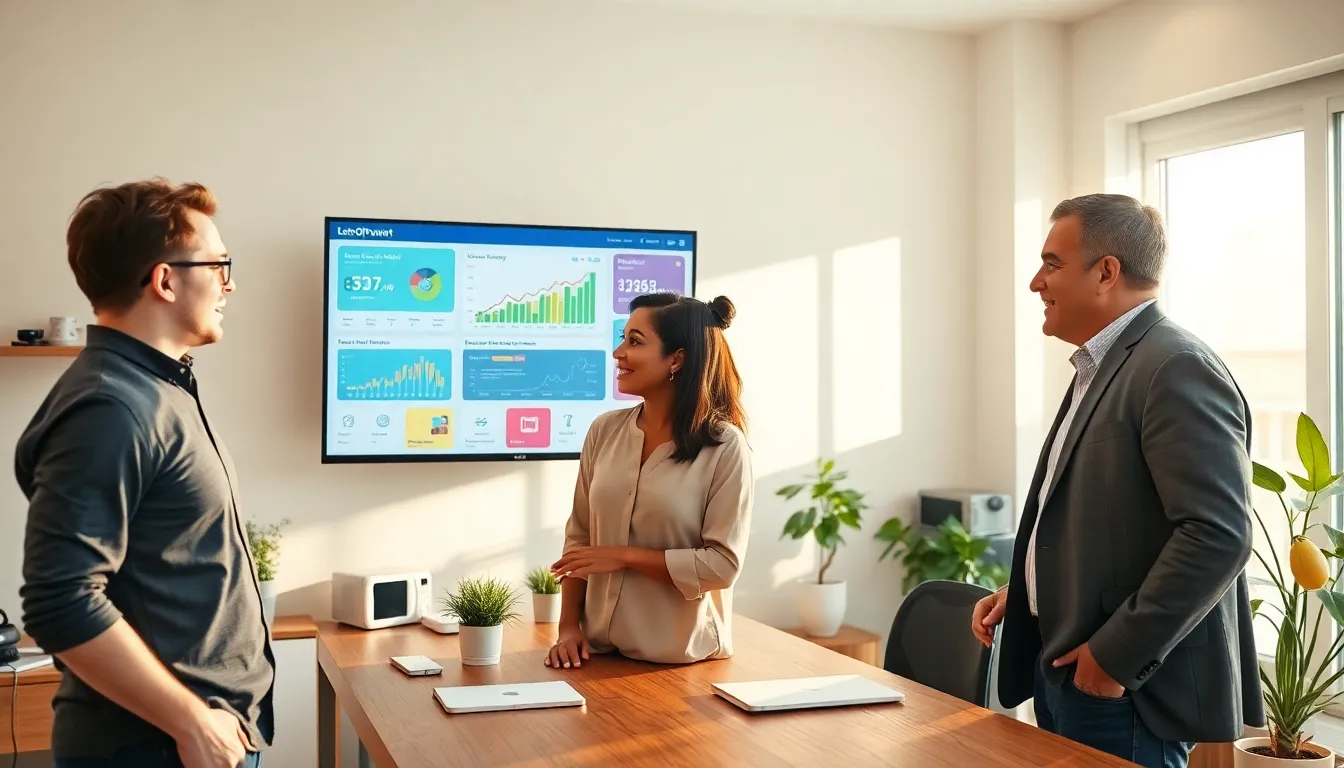 A team discussing power management solutions using LotsOfPower Net on a computer.