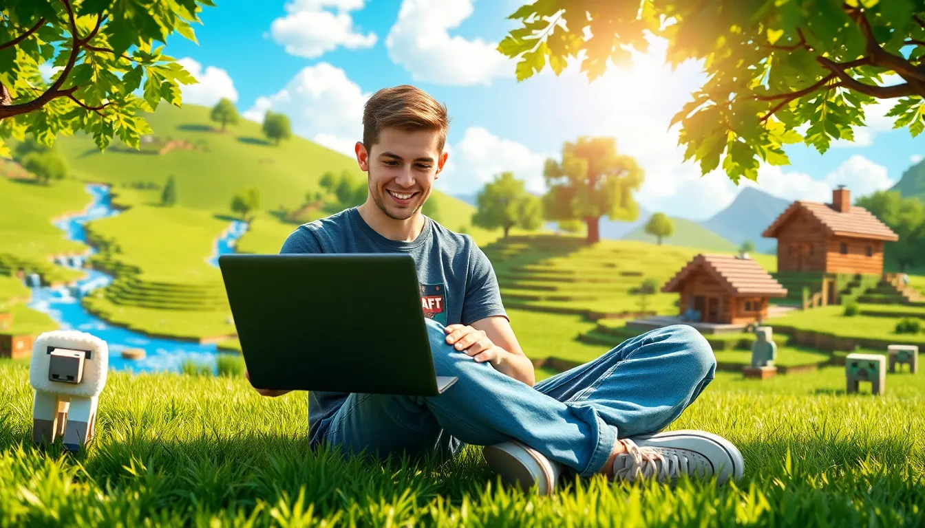 A gamer playing Minecraft outdoors with a vibrant landscape around.