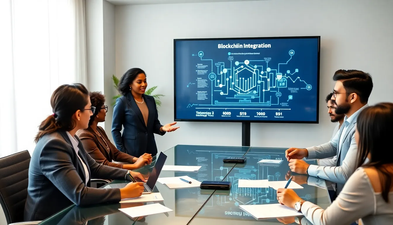 diverse professionals discussing blockchain technology in a modern conference room.