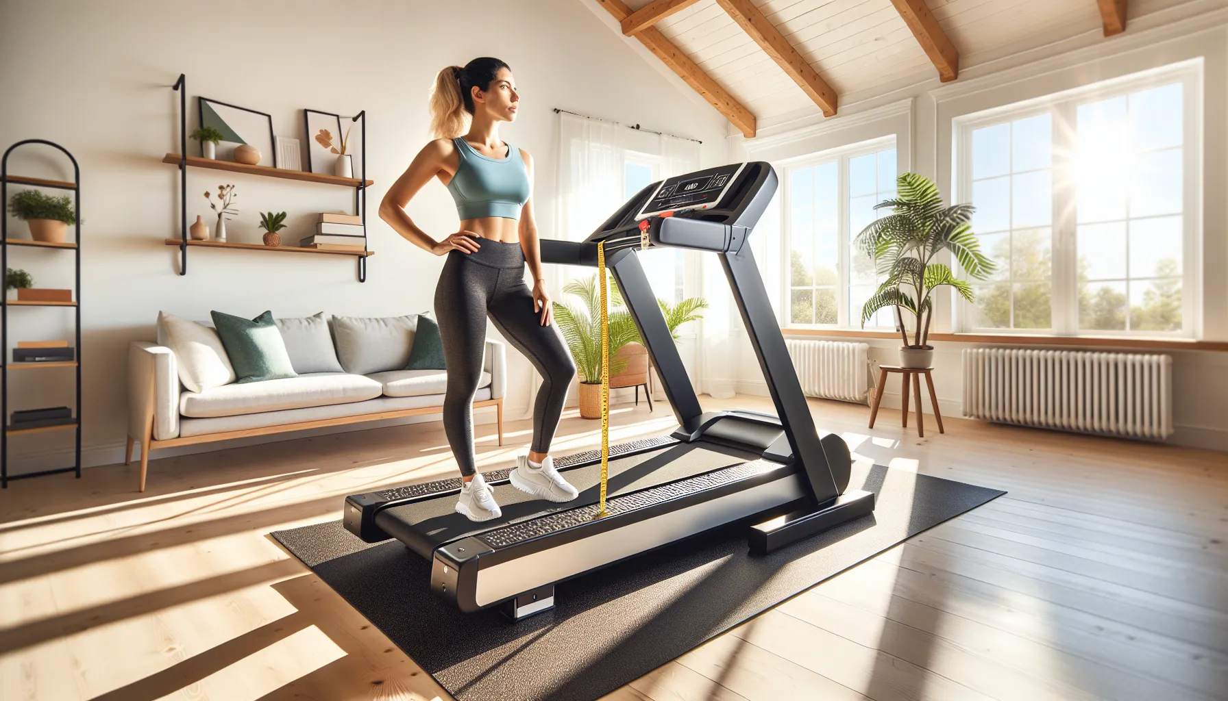 Woman measuring ceiling clearance on an affordable folding treadmill at home.