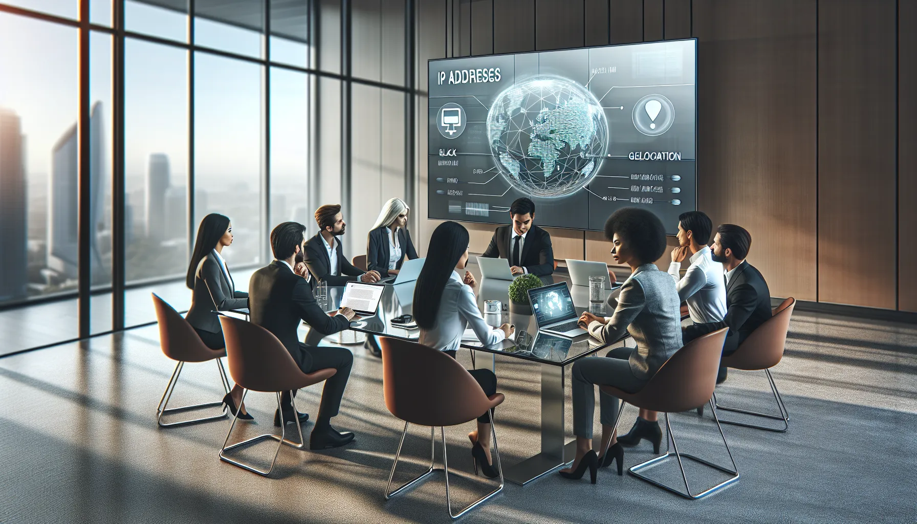 team discussing IP addresses in a bright, modern office.