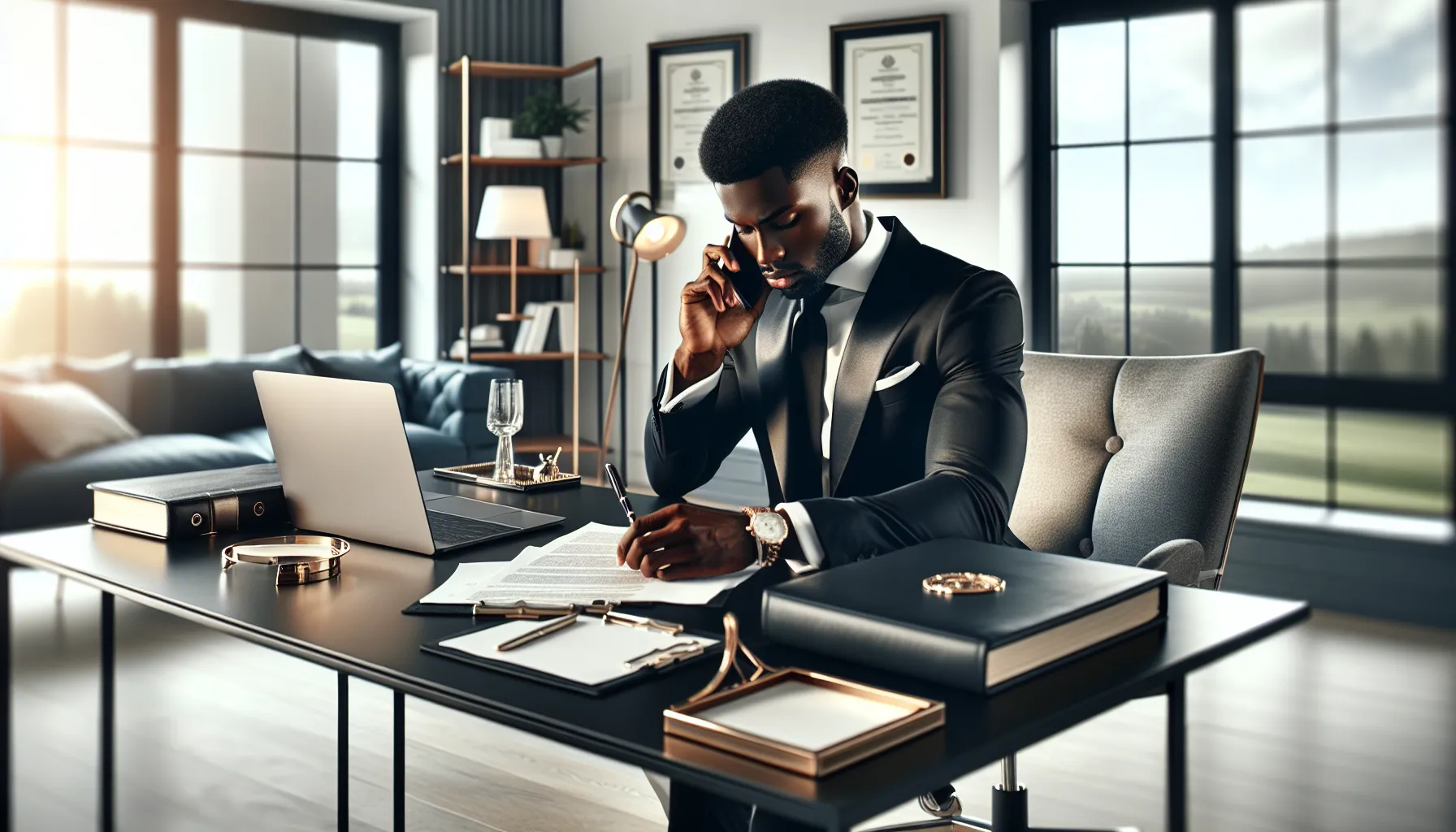 professional on phone in a modern office discussing property care.