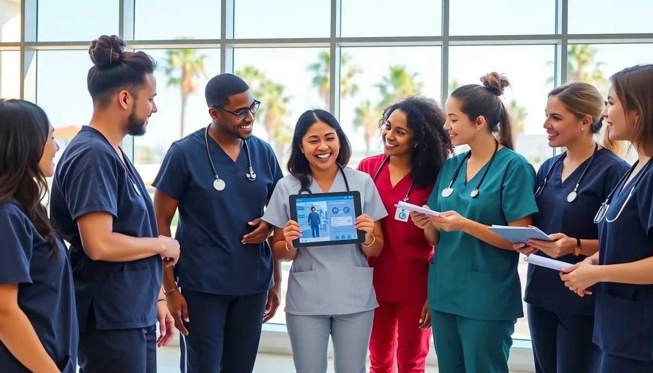 diverse travel nurses collaborating in a modern California hospital.