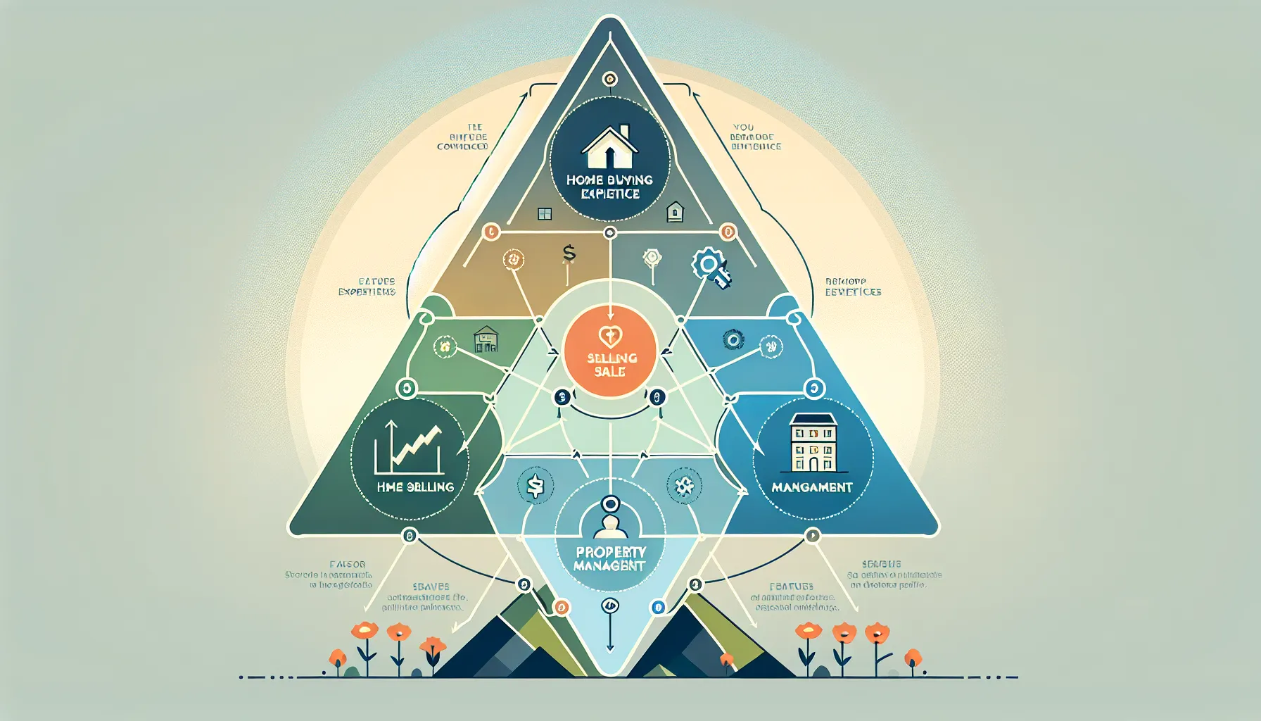 diagram showing home buying, selling, and property management services in a connected cycle