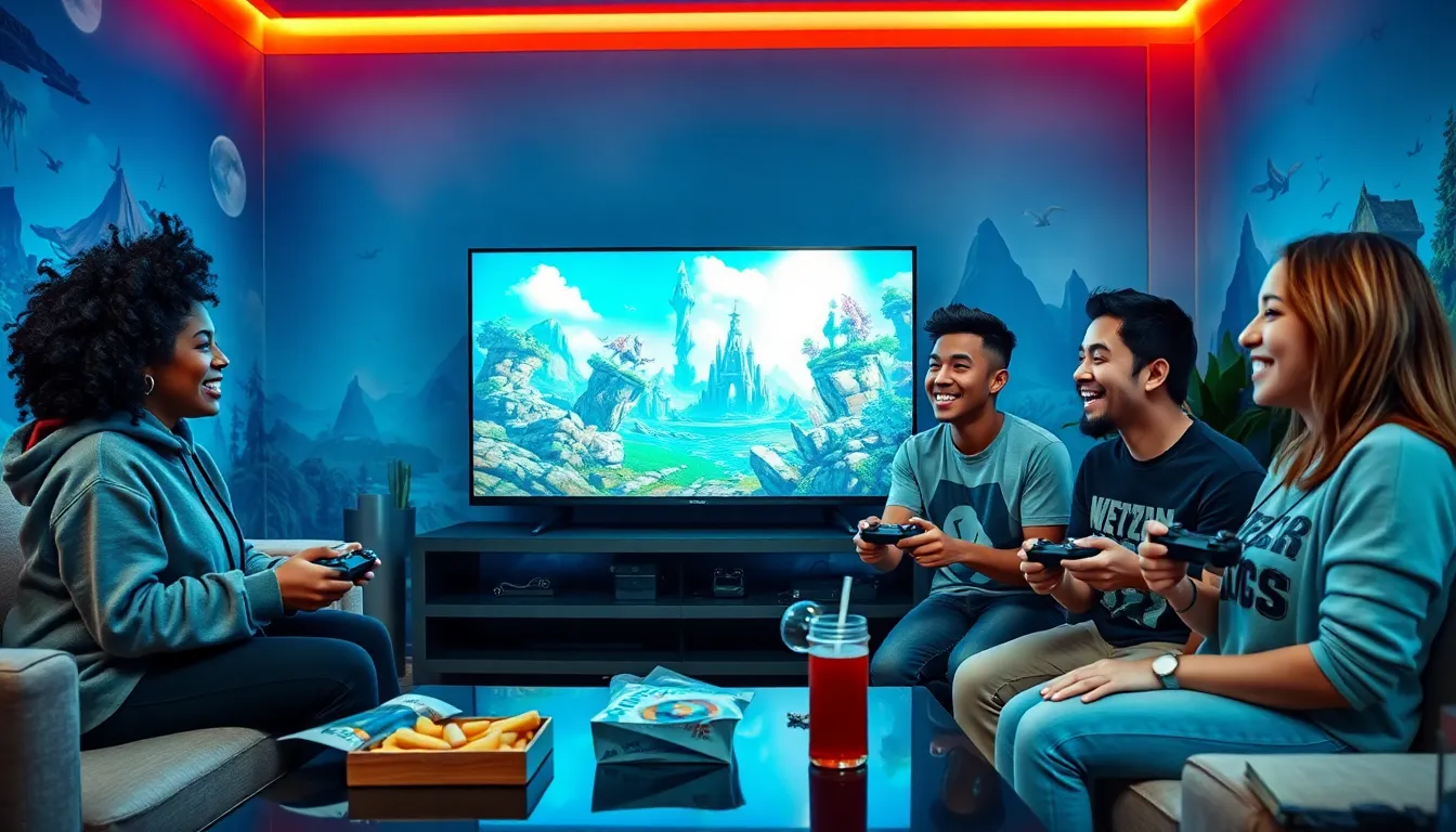 A group of diverse friends playing immersive video games in a cozy living room.