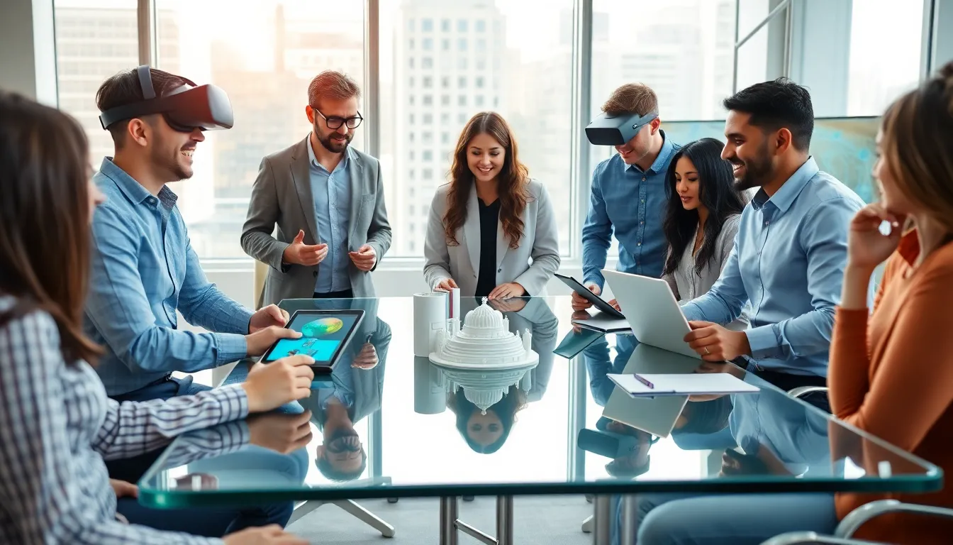 diverse team of AR developers collaborating in a modern office.