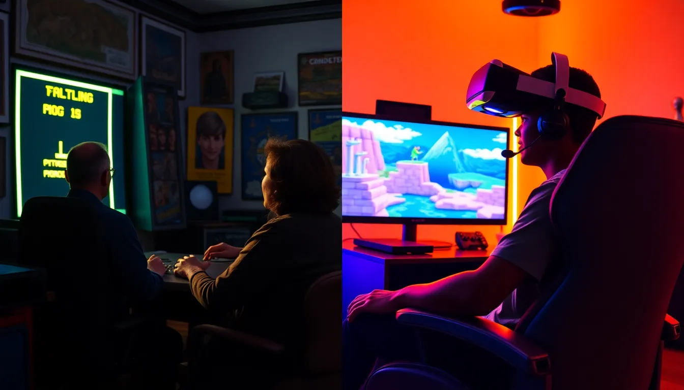 a comparison of classic arcade gaming and modern gaming setup.