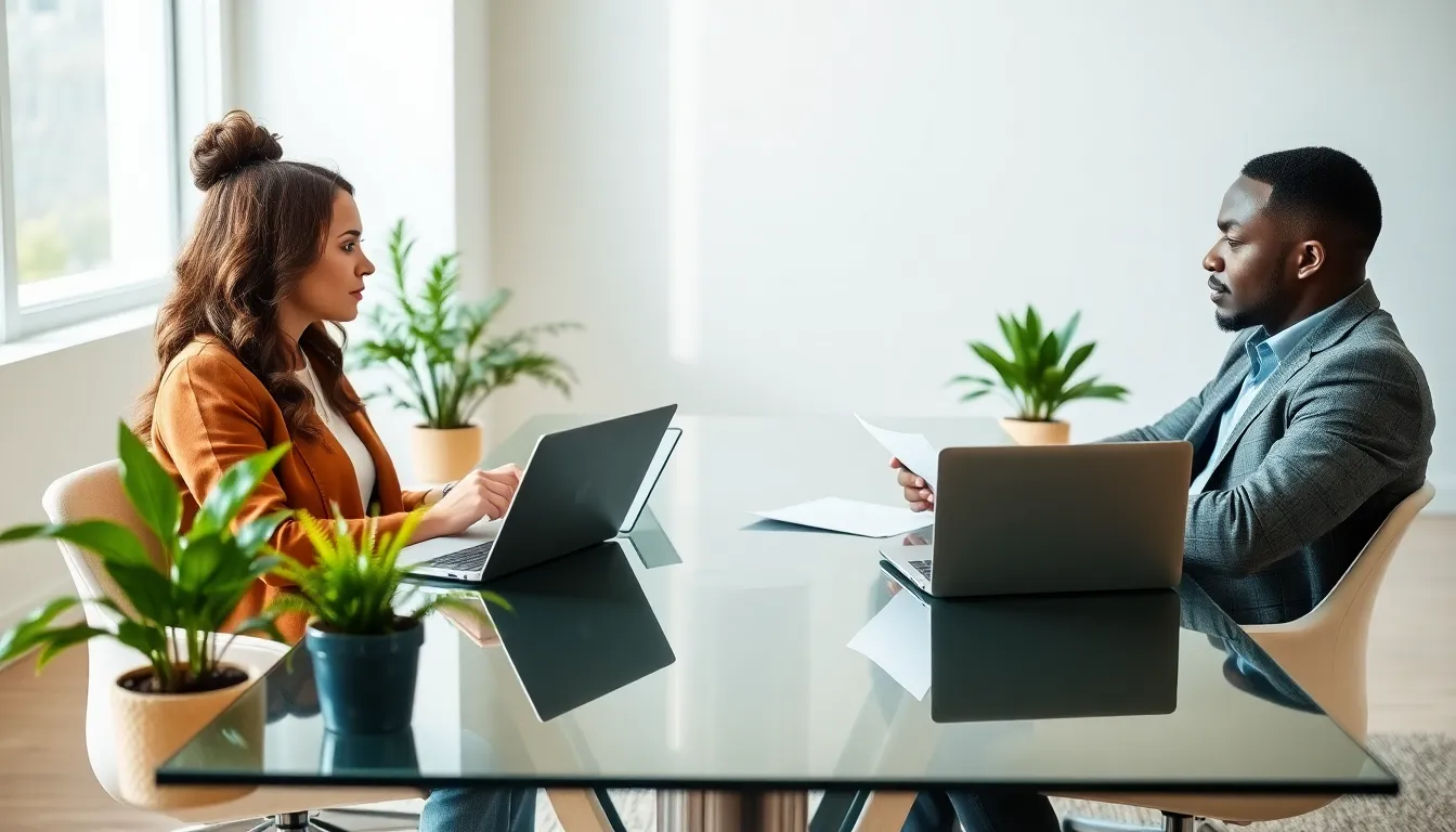 co-parents discussing strategies in a modern office setting.