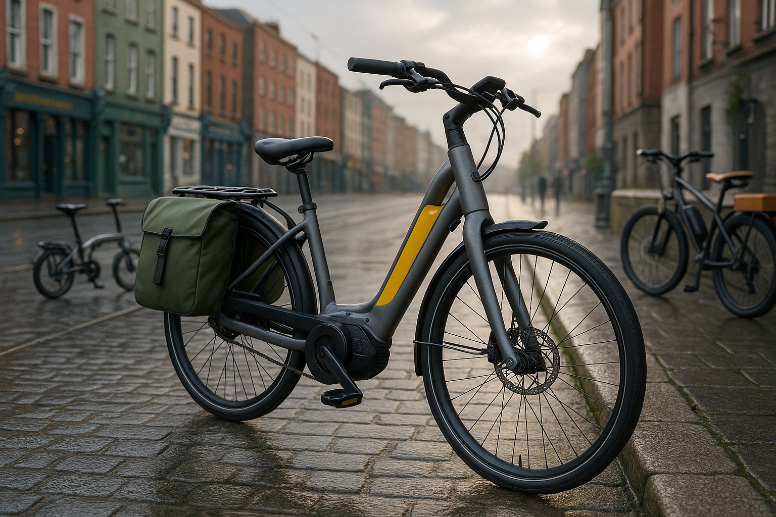 step-through commuter e-bike with yellow and green accents on Irish street