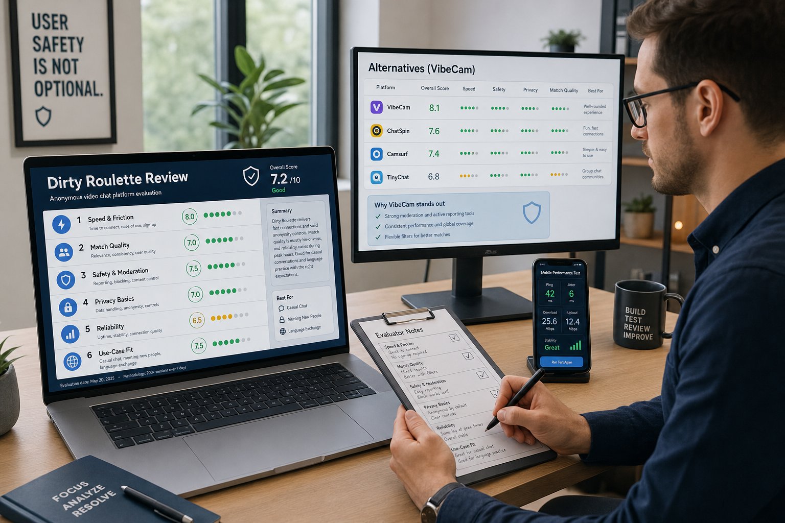 Reviewer scoring a roulette chat site on laptop with safety and privacy checks.