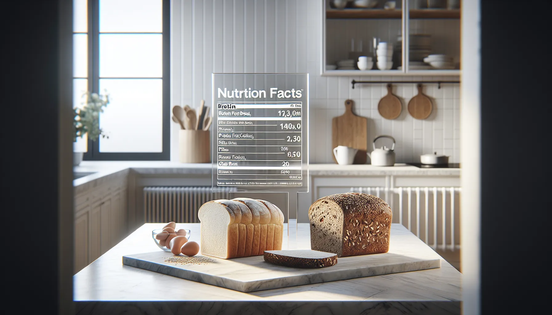 Two types of bread with a nutrition chart in a modern kitchen.