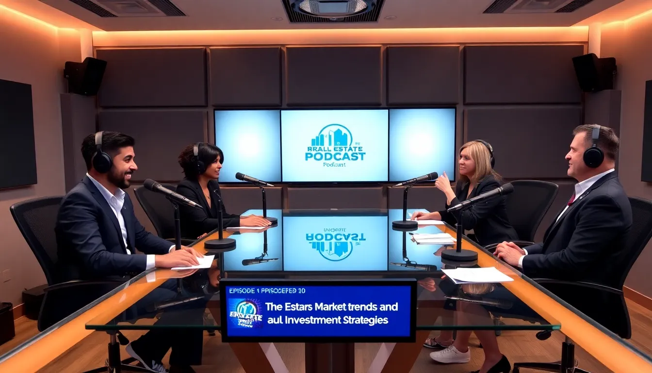 diverse professionals discussing real estate investing in a modern podcast studio.