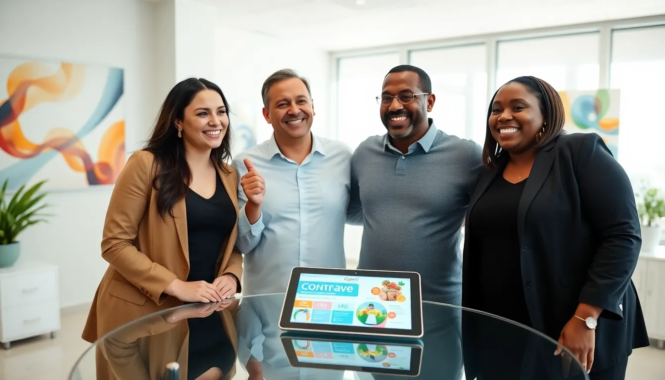 diverse group celebrating weight loss success in a modern office.