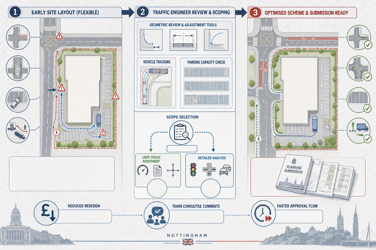 Infographic showing early traffic planning improving a Nottingham development layout.