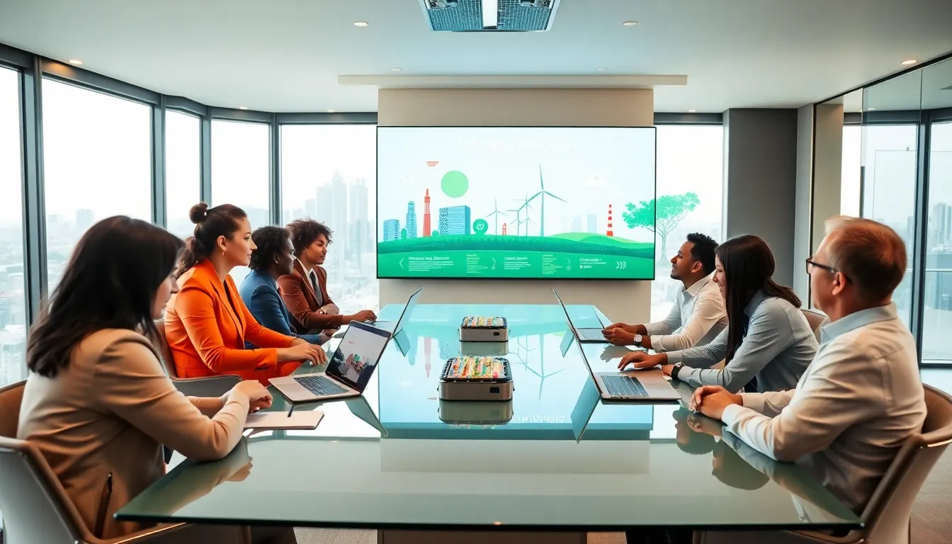 diverse team discussing emerging energy technologies in a modern conference room.