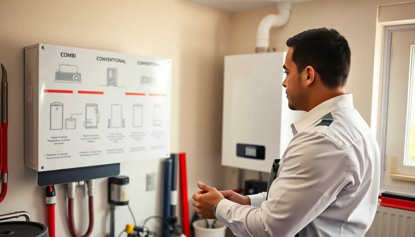technician performing boiler maintenance in a residential setting.