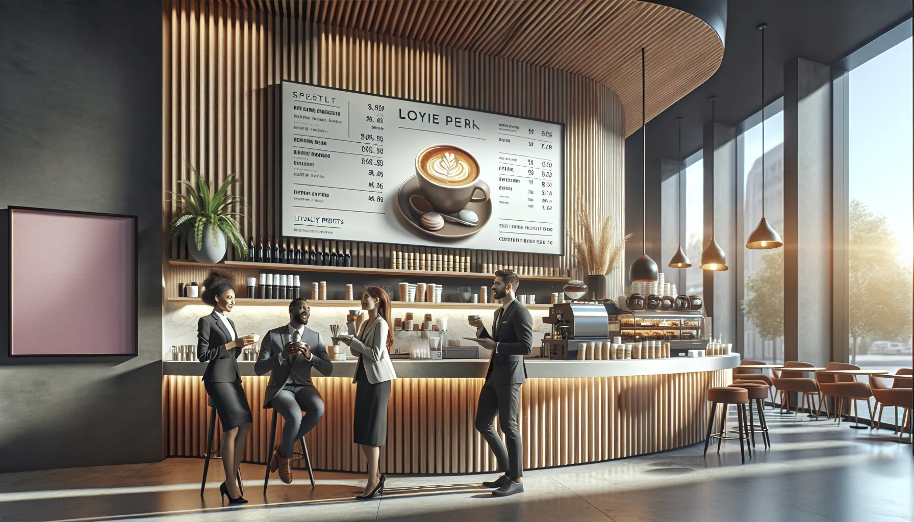 people enjoying coffee in a modern cafe with promotional displays.