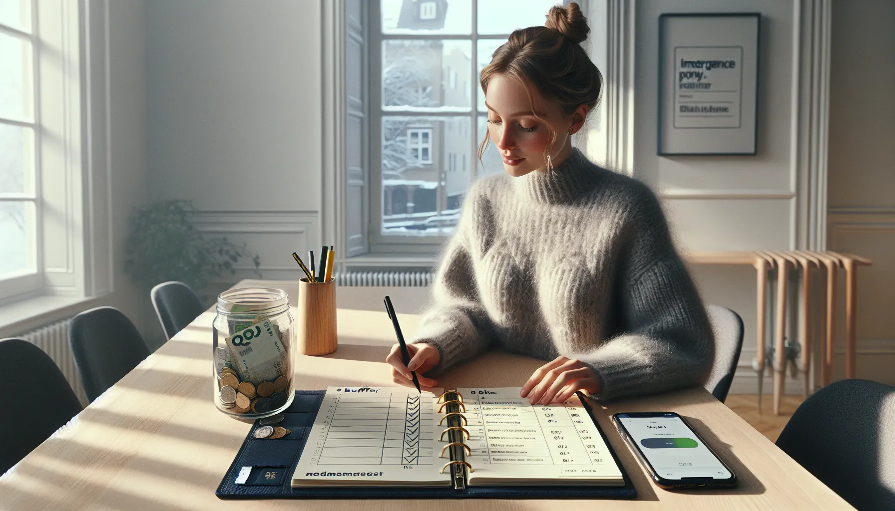 Woman in oslo checking off weekly savings goals with app and buffer jar.
