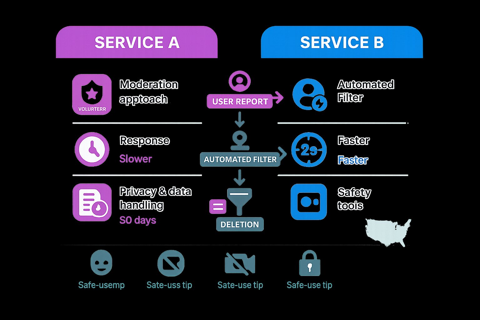 Side-by-side infographic comparing moderation, privacy, and safety features.