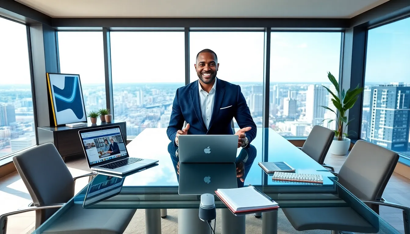 Timothy Williams in a modern office, engaged in a video call.