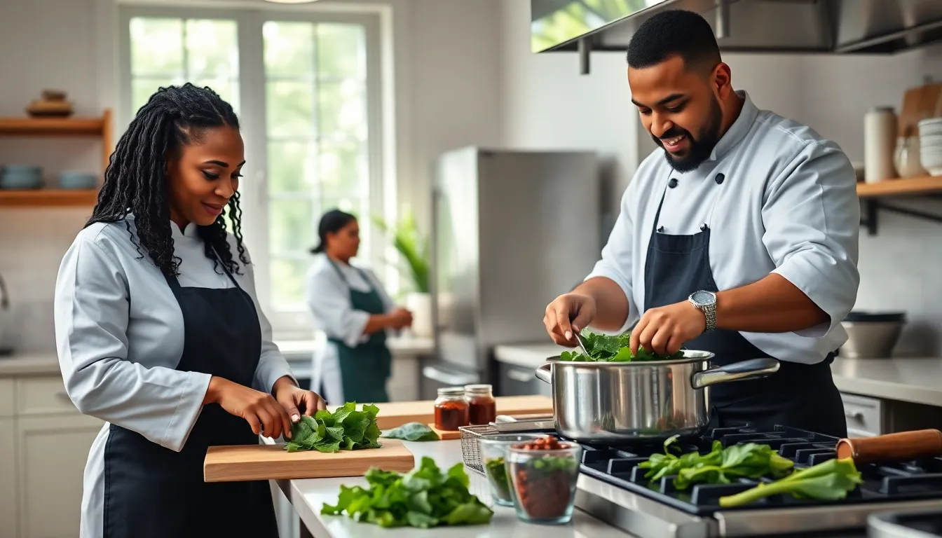 chefs preparing collard greens in a professional kitchen setting.