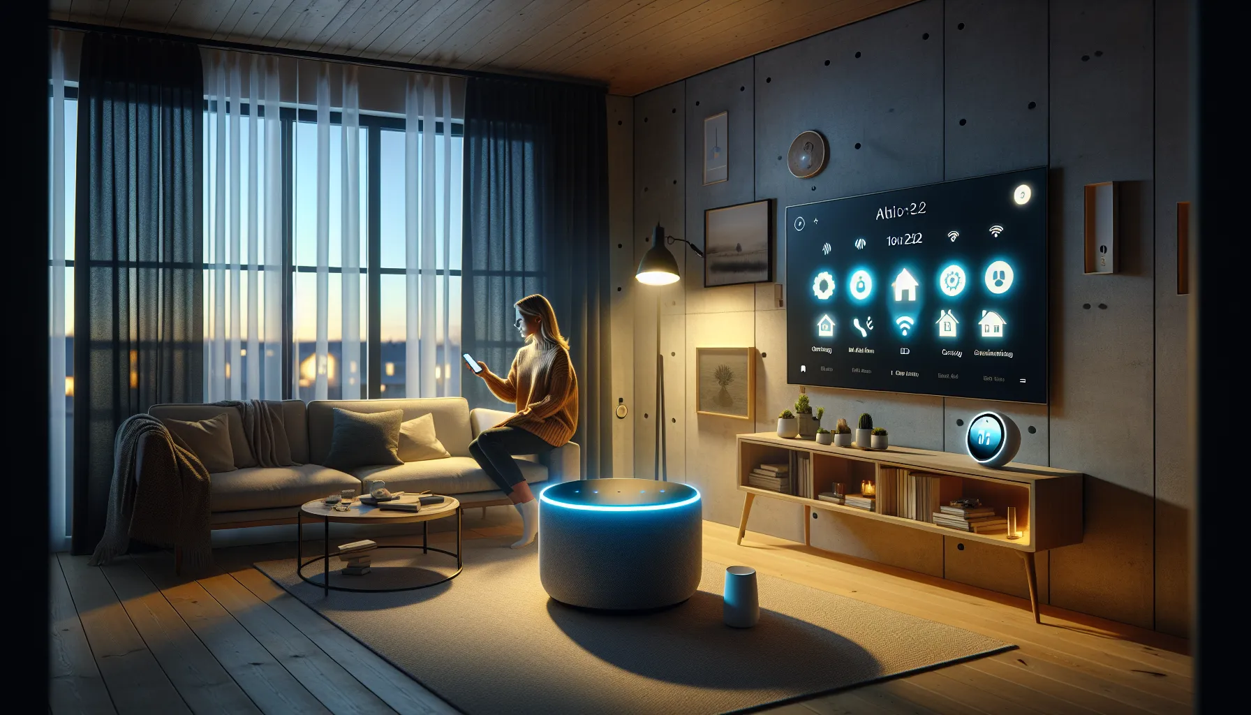 Norwegian woman using a smart speaker in a modern living room with energy tech.