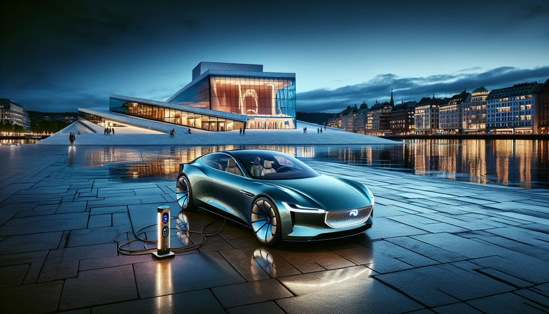 Rolls-Royce Spectre charging by Oslo Opera House at dusk, luxury interior glowing.
