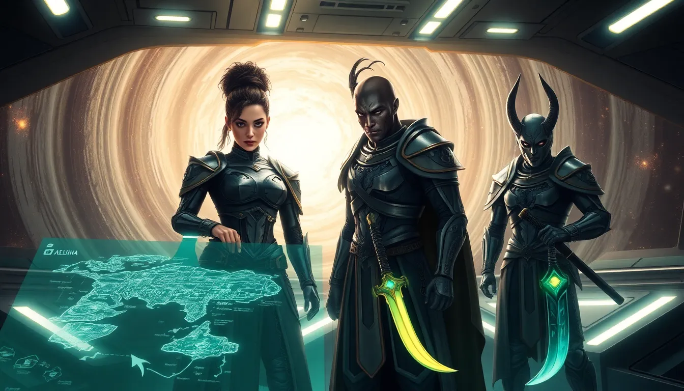 Diverse Daemonhunters on a futuristic warship preparing for battle.