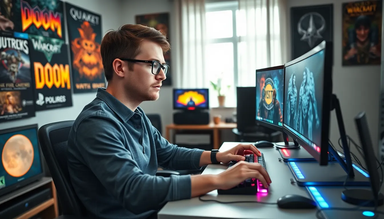 a gamer at a modern desk with classic games displayed on screens.