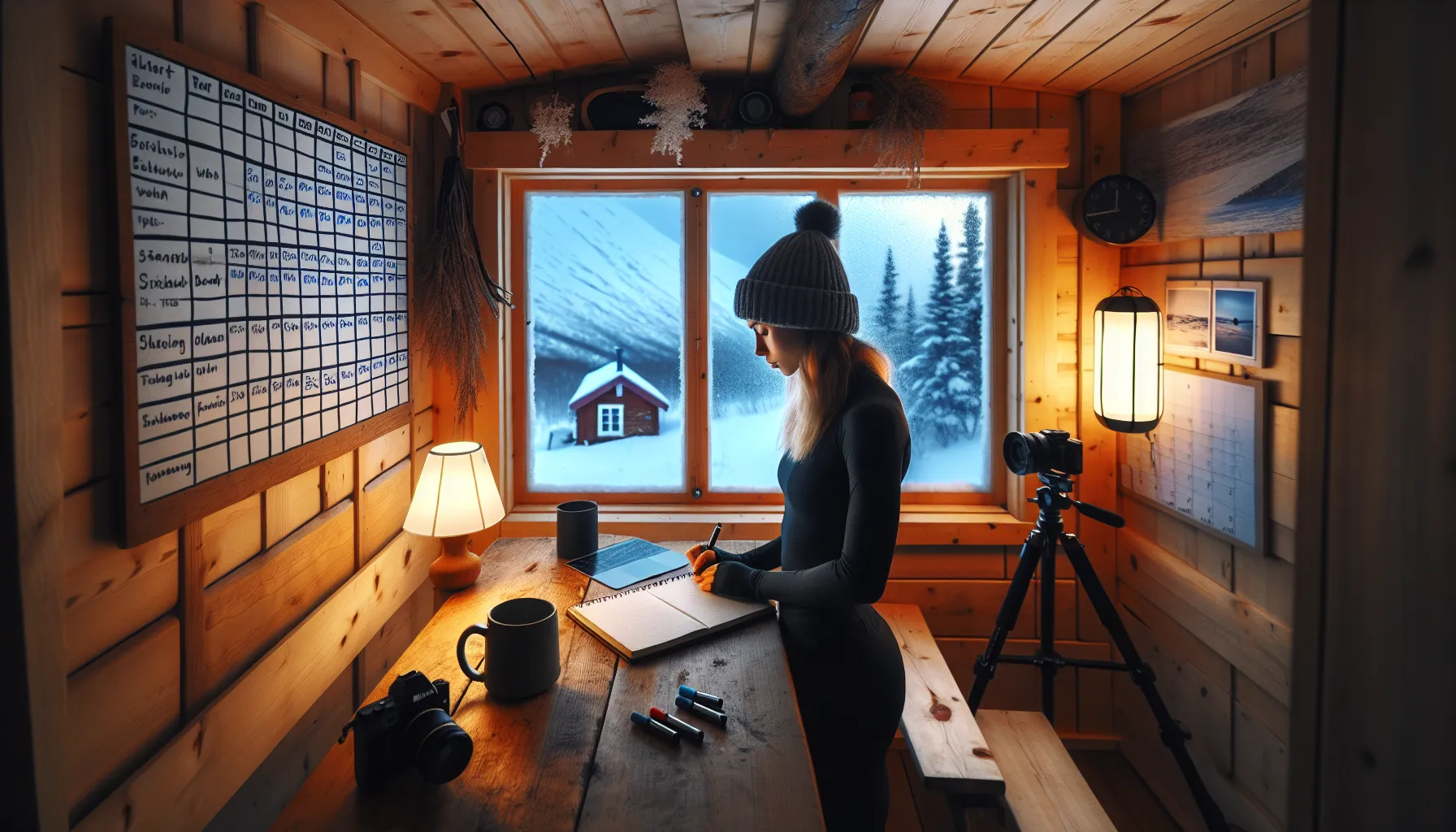 Norwegian snowboarder plans a periodized season on a whiteboard in a cabin.